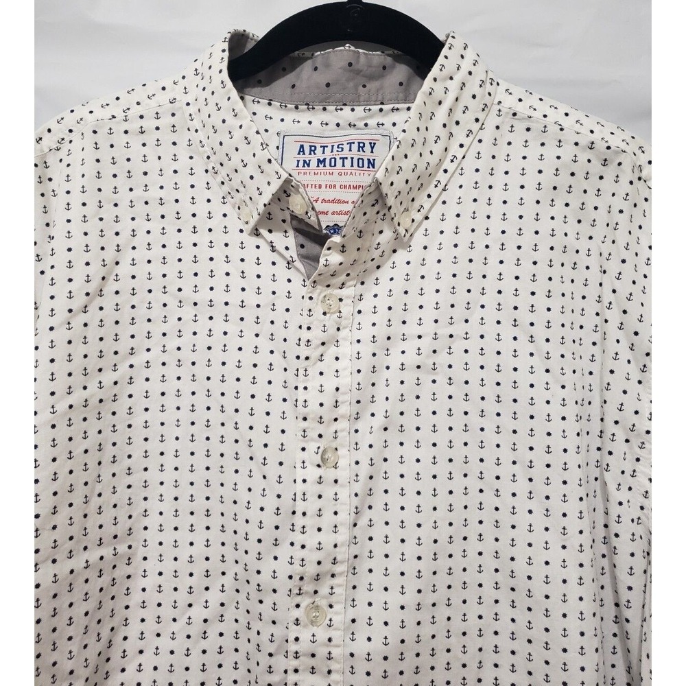 Artistry In Motion Men's Button Down Shirt Sz Lg White w/ Blue Anchors Nautical